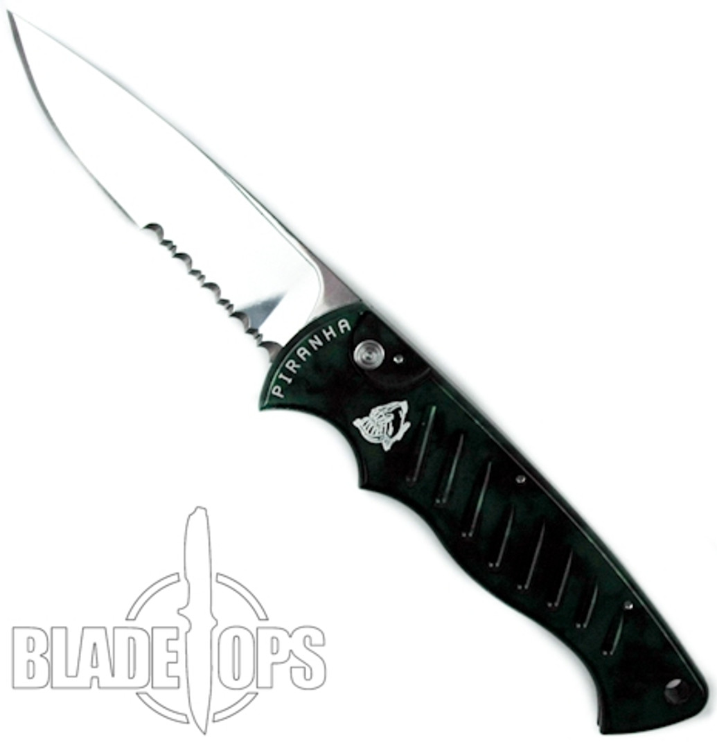 Piranha Green Pocket Auto Knife, 154CM Mirror Combo Blade