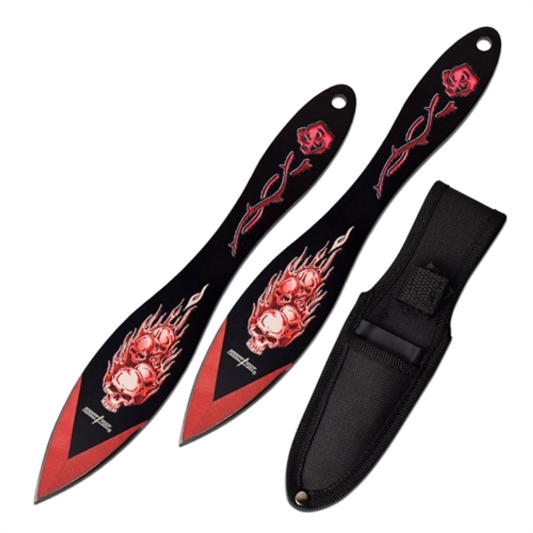 Perfect Point PP-117-2RD Flaming Skull 2-Piece Throwing Knife Set, Black/Red Finish