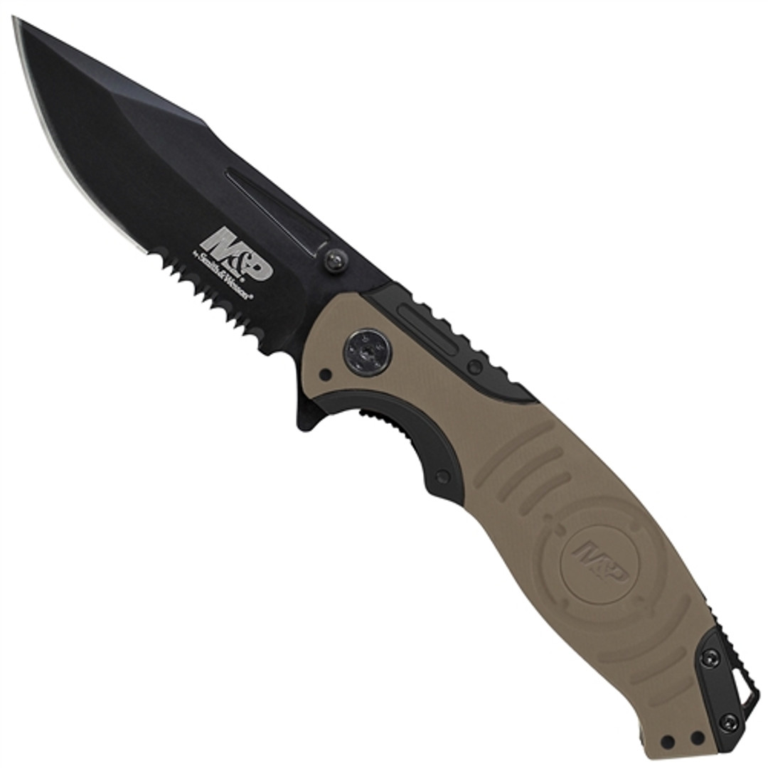 Smith & Wesson M&P SWMP13GLS Tan/Black Folder Knife, Black Combo Blade