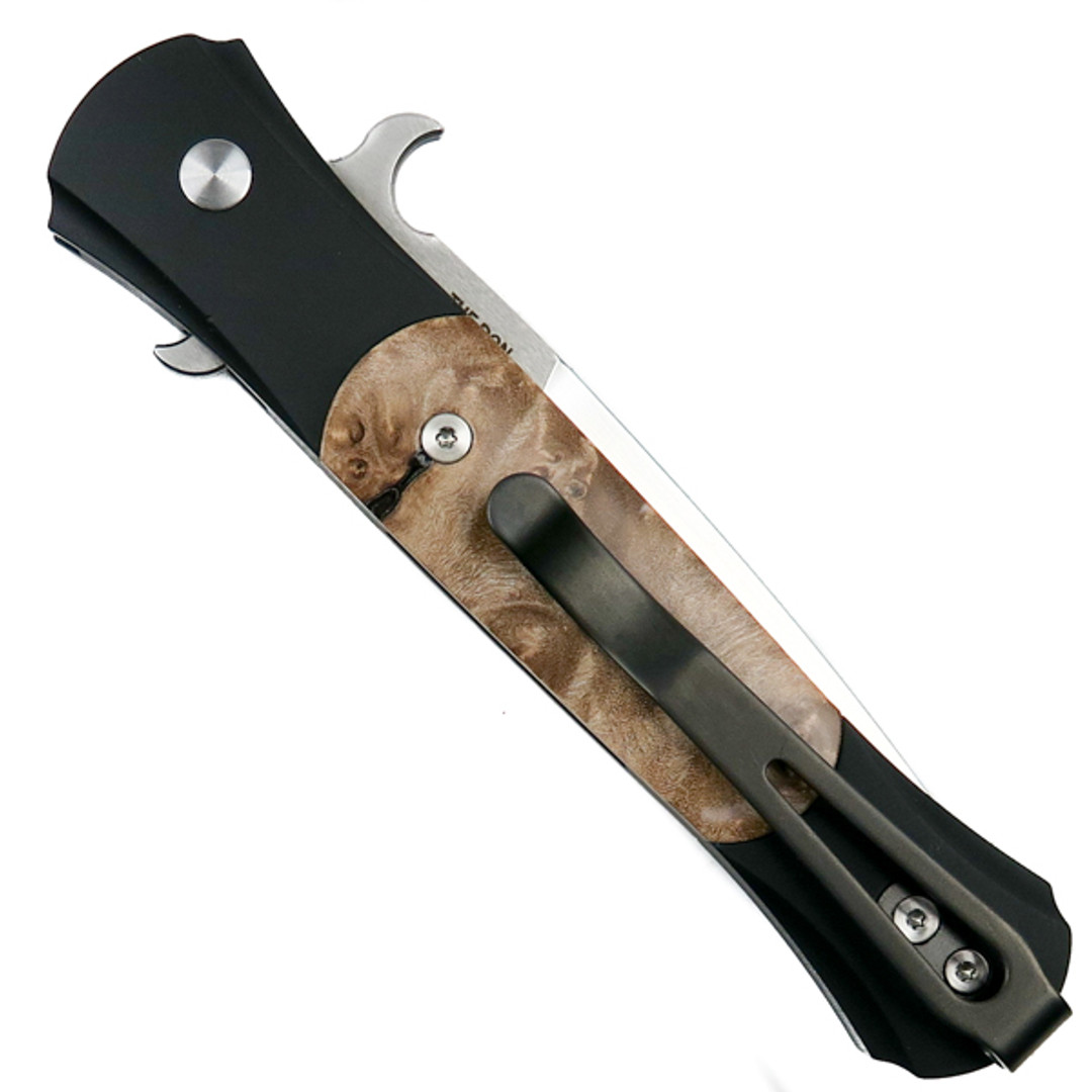 Pro-Tech The Don Automatic Knife, Black Handle With Maple Burl Inlays, Satin Blade, Back