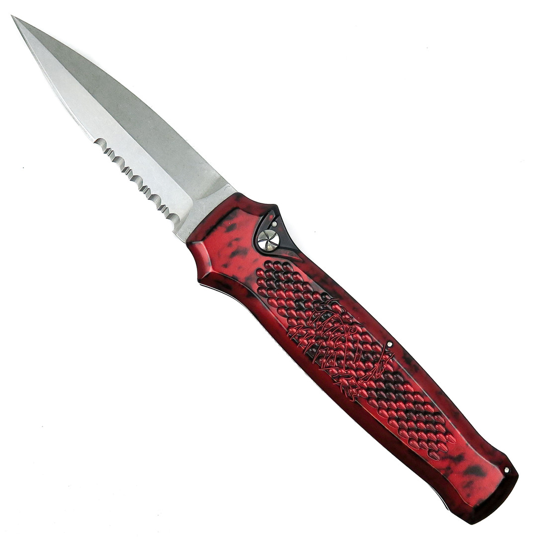 Piranha Red Prowler Auto Knife, 154CM Stonewash Combo Blade