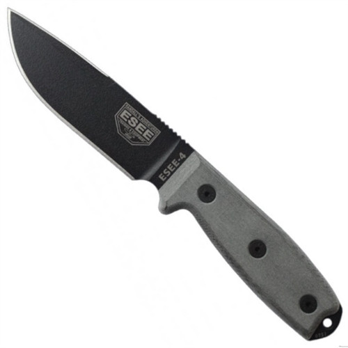 ESEE Knives ESEE-4P-CP Grey Micarta Clip Point Fixed Blade Knife, Coyote Brown Sheath, 1095 Carbon Black Blade