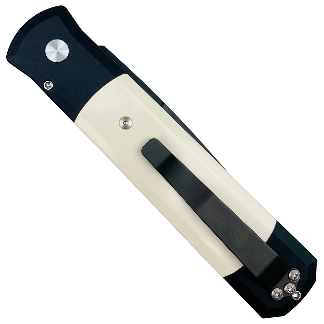 Pro-Tech 952 Tuxedo Godfather Auto Knife, Ivory Micarta, 154CM Black Blade REAR VIEW