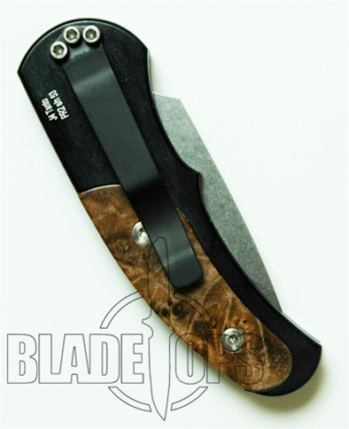 Pro-Tech Runt J4, Stonewash Tanto Blade,  Black Handle with Maple Burl Inlay, PT5406