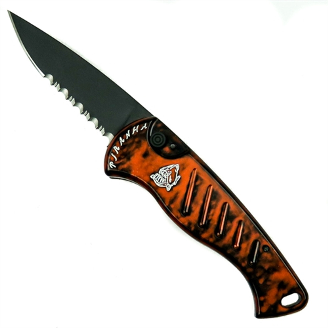 Piranha Orange Fingerling Auto Knife, 154CM Black Combo Blade