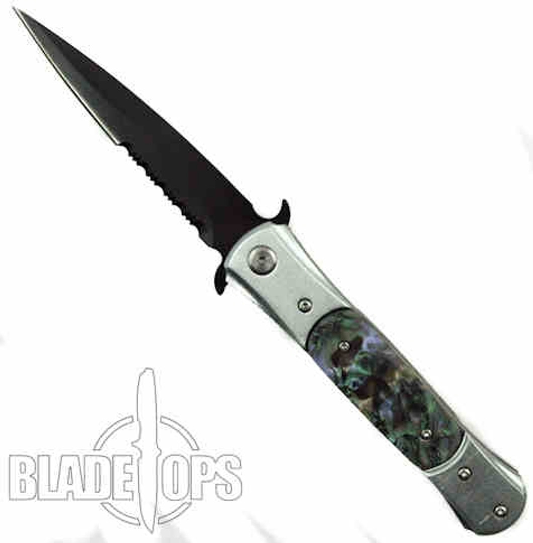 Machiavelli Faux Abalone Spring Assist Knife, Black Combo Blade