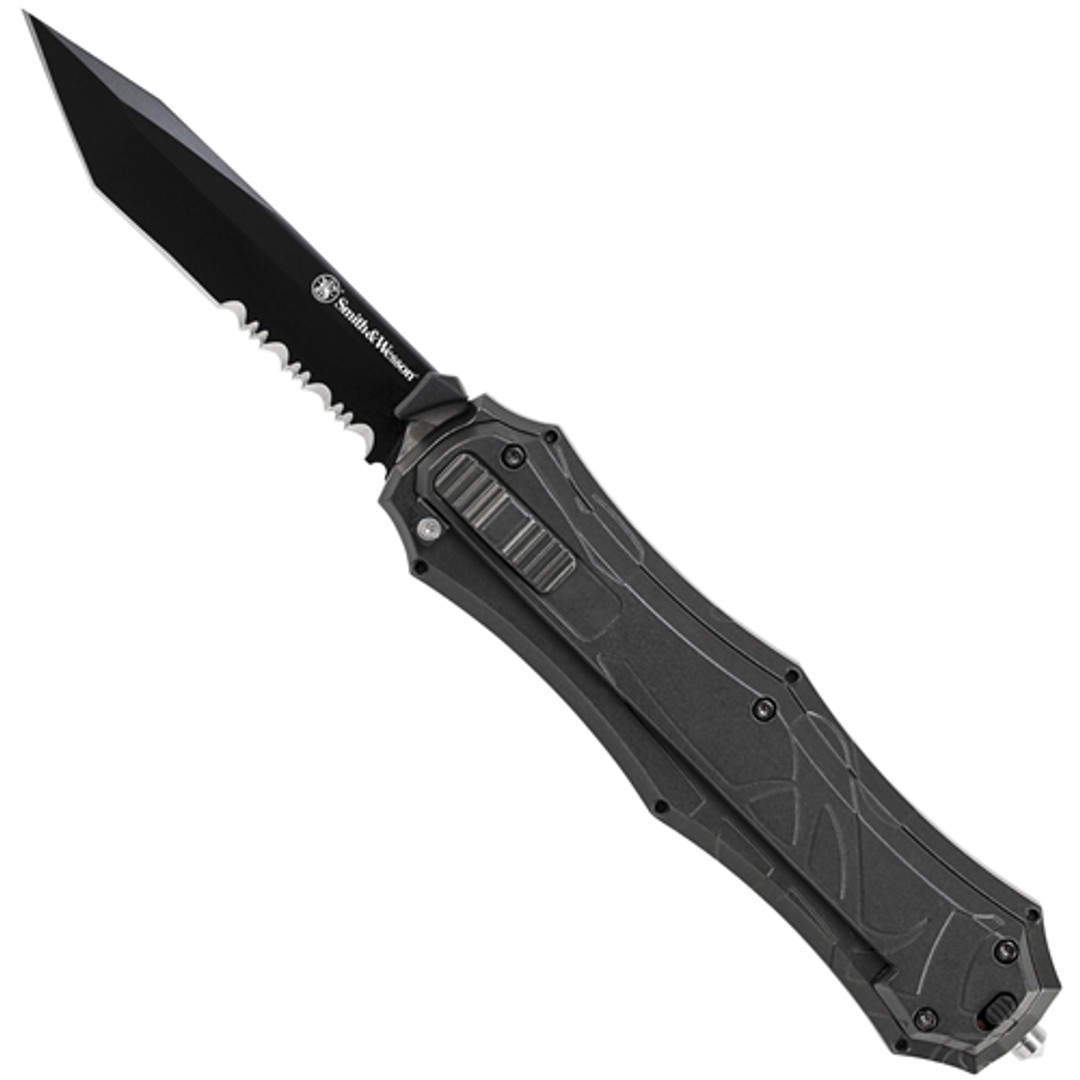 Smith & Wesson OTF9TBS Dark Grey T/E OTF Spring Assist Knife, AUS-8 Black Combo Blade