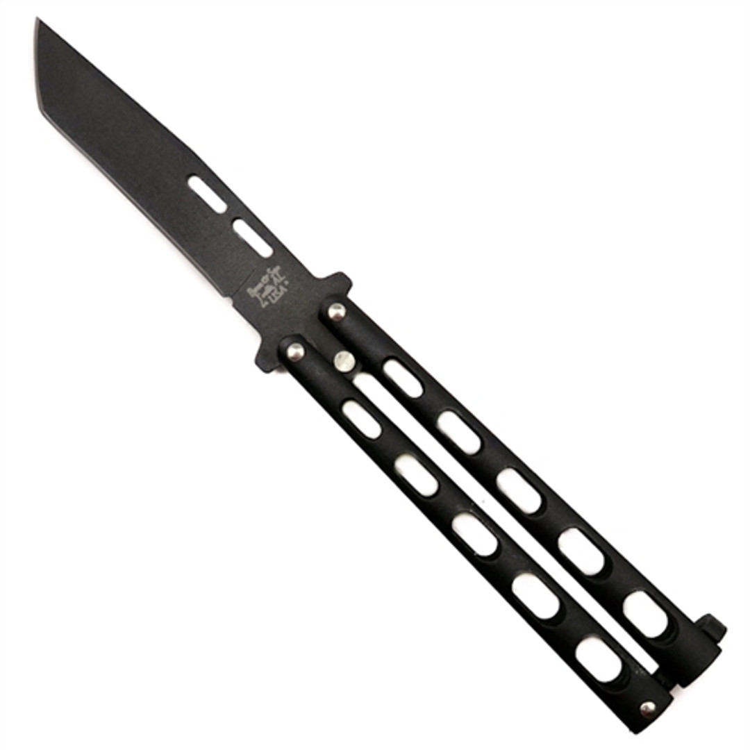 Bear & Son 115TANB Tanto Balisong Butterfly Knife, 1095 Carbon Black Blade