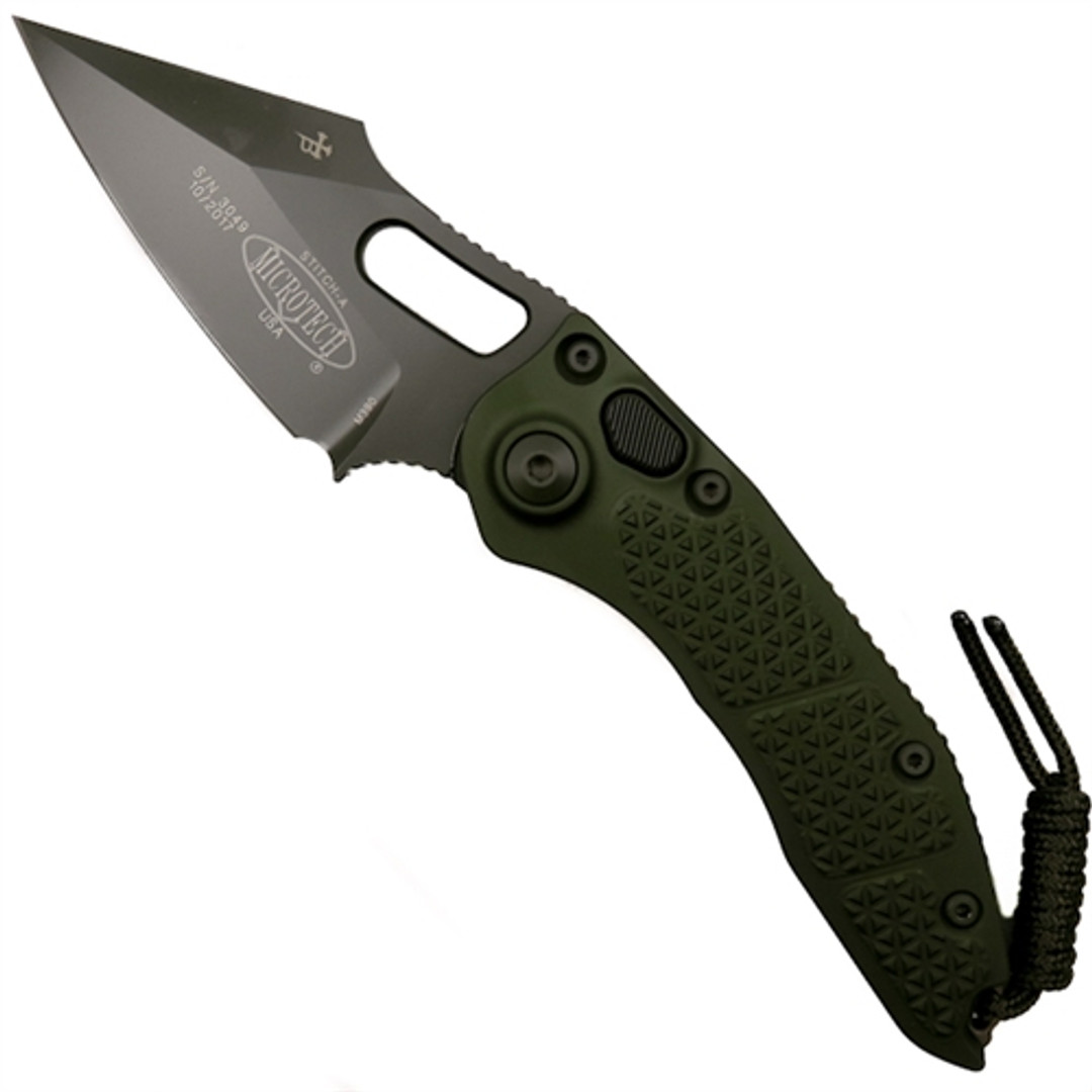 Microtech 169-1GR Borka Green Stitch Wharncliffe Auto Knife, Green Blade