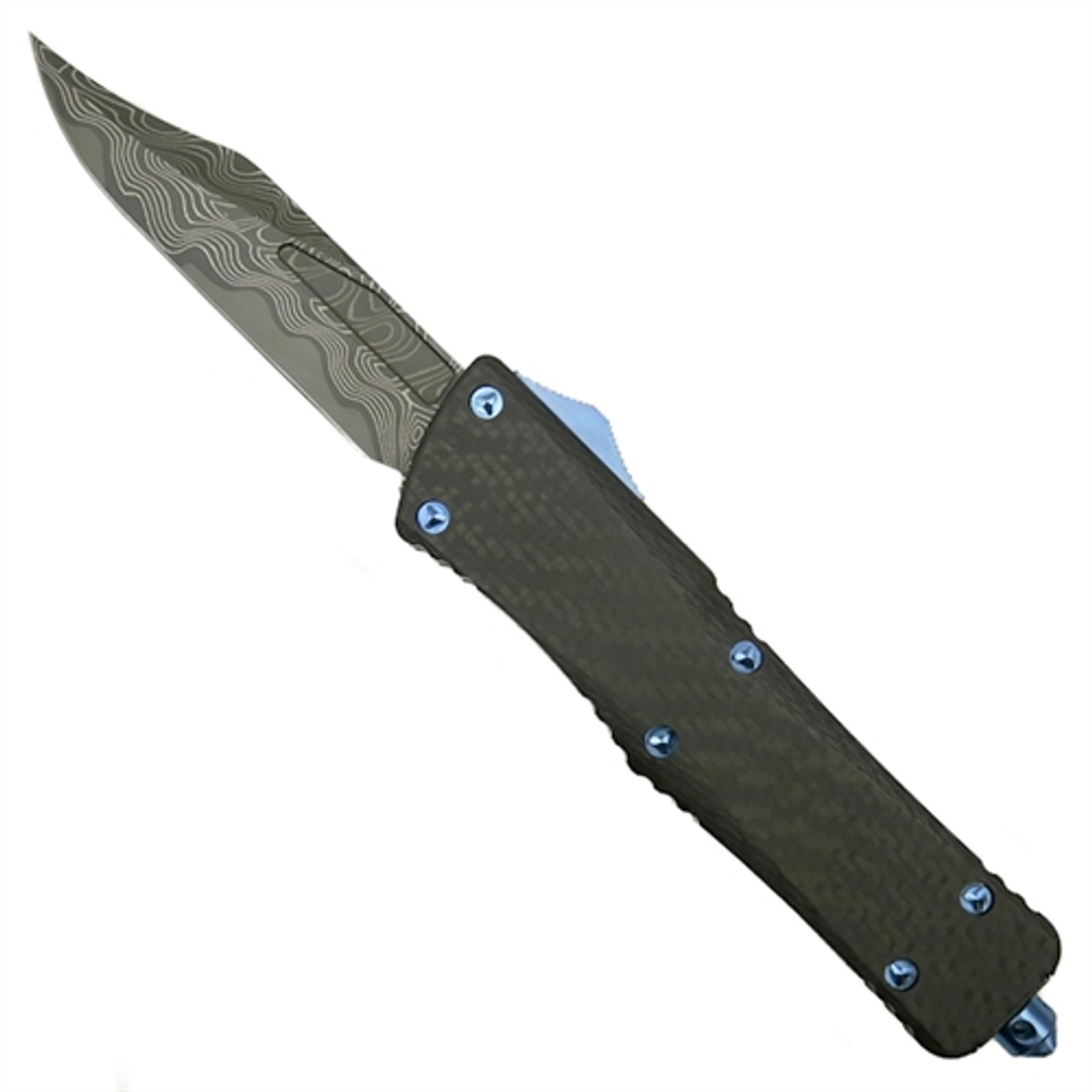 Marfione Custom Knives Combat Troodon Carbon Fiber/Alloy Bowie OTF Auto Knife, Damascus Blade