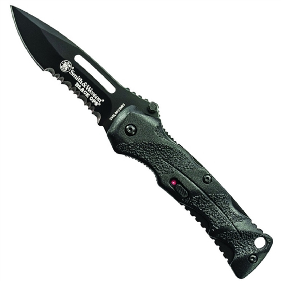 Smith & Wesson Small Black Ops Spring Assist Knife, Black, Combo Blade