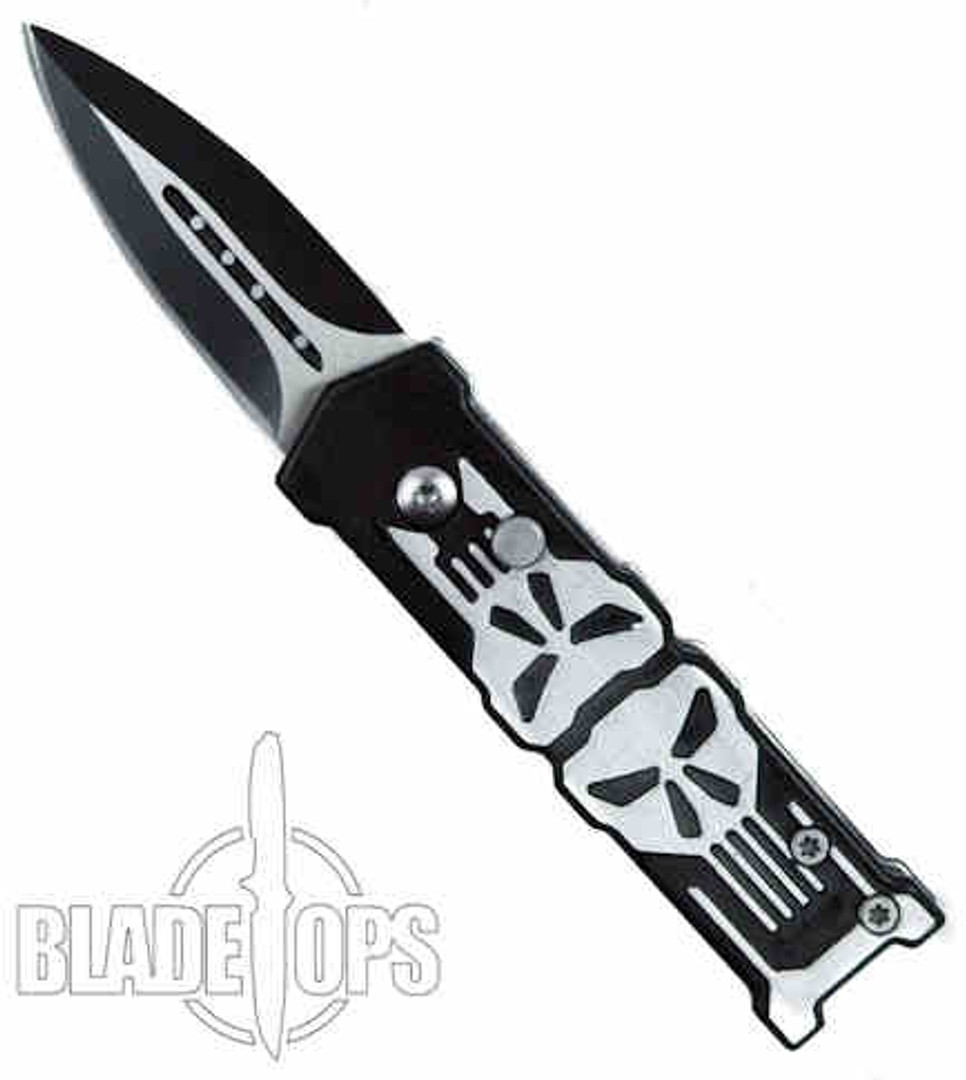 Punisher Mini Auto, Silver and Black Handle, Black Blade