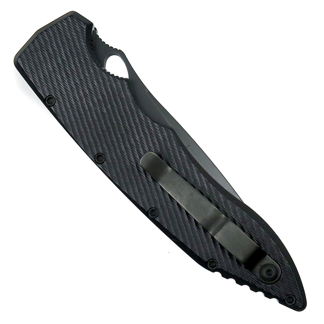 Piranha Predator Auto Knife, CPM-S30V Black Combo Blade Clip View