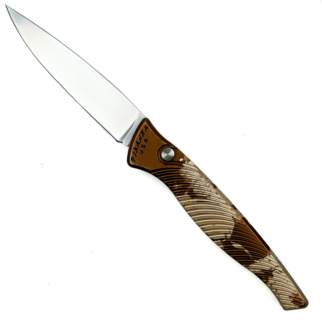 Piranha Desert Camo DNA Auto Knife, CPM-S30V Mirror Blade