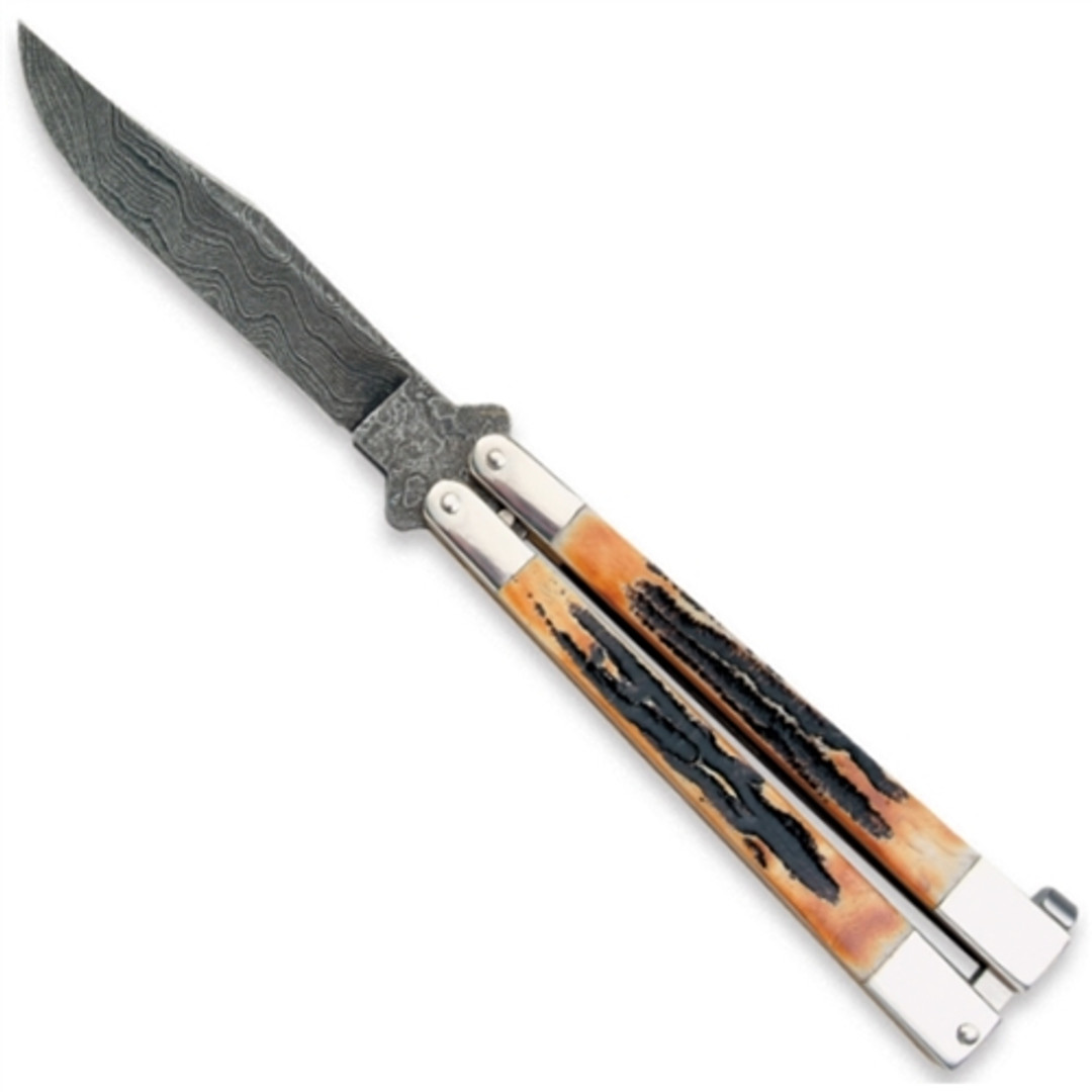 Bear & Son 517D India Stag Bone Balisong Butterfly Knife, Damascus Blade