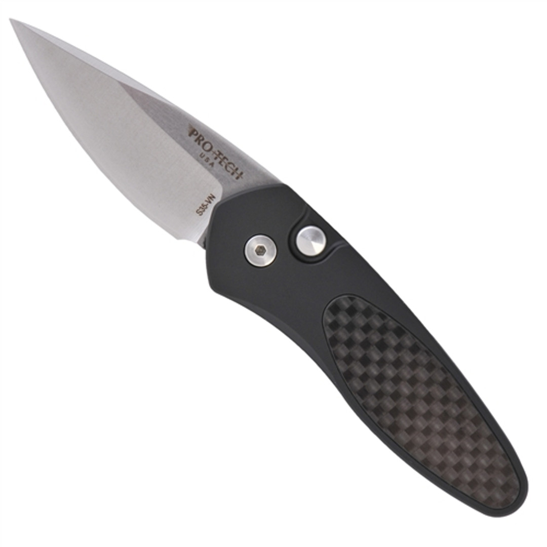 Pro-Tech 2915 Sprint Cali-Legal Auto Knife, Carbon Fiber, CPM-S35VN Stonewash Blade FRONT VIEW