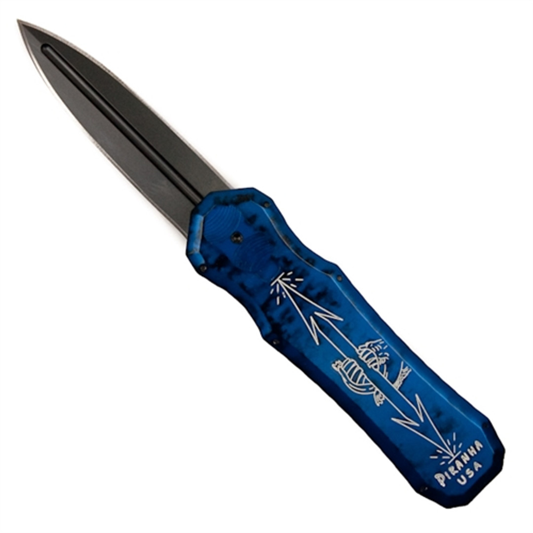 Piranha Blue Excalibur Double Action OTF Knife, Black Dagger Blade