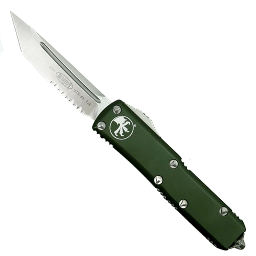 Microtech 233-5OD OD Green Contoured UTX-85 T/E OTF Auto Knife, Satin Combo Blade FRONT VIEW