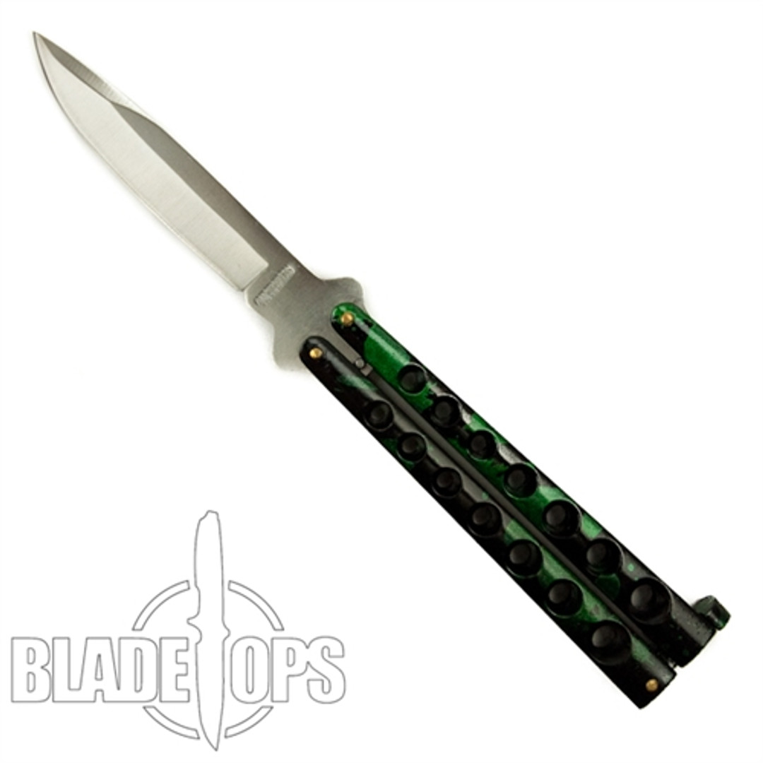 Green Gremlin Butterfly Knife, Satin Clip Blade