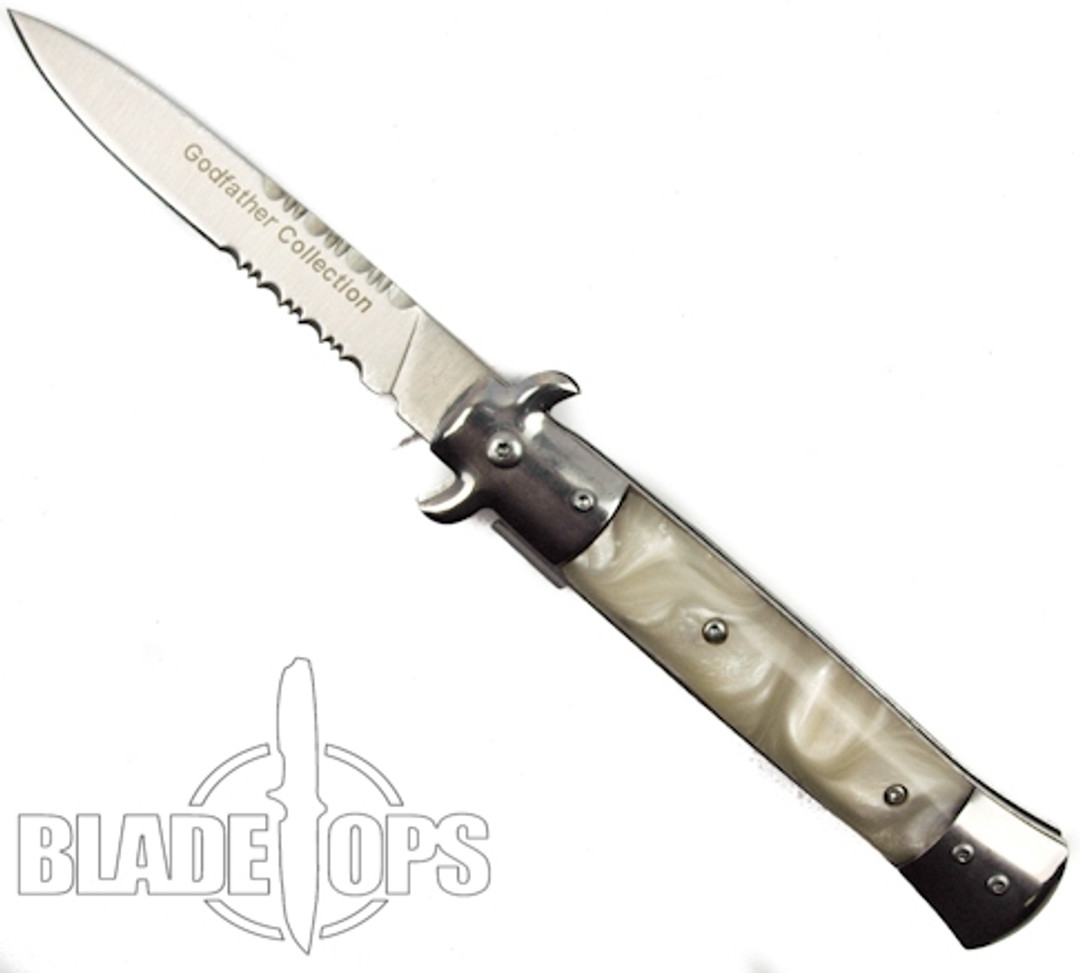 White Godfather Spring Assist Knife, Satin Combo Blade