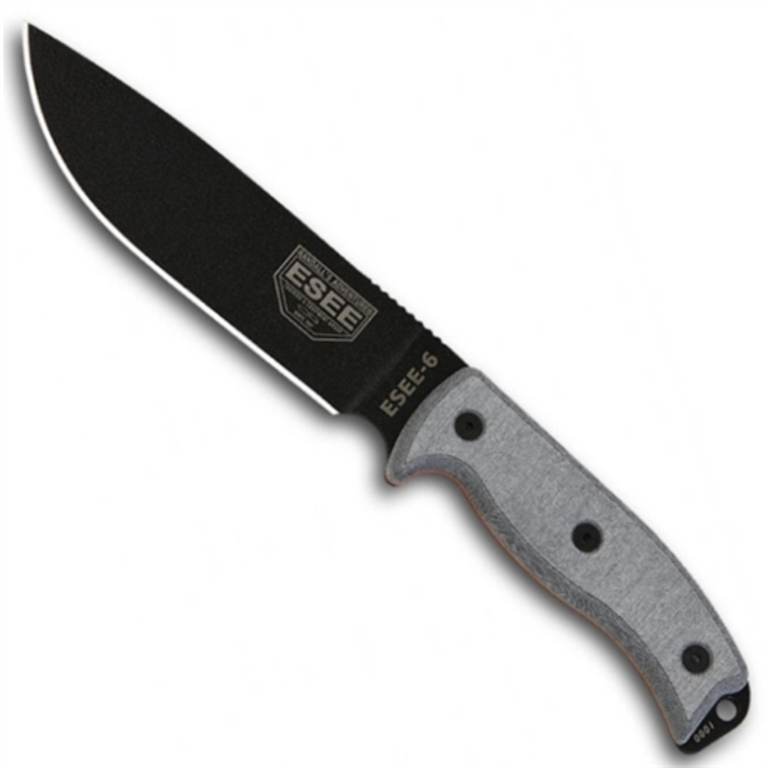 ESEE Knives ESEE-6P Grey Micarta Fixed Blade Knife, Coyote Brown Sheath, 1095 Carbon Black Blade