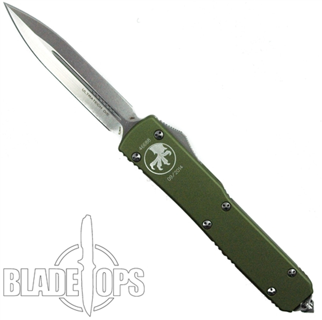 Microtech Olive Ultratech OTF Knife, Stonewash Double Edge Blade