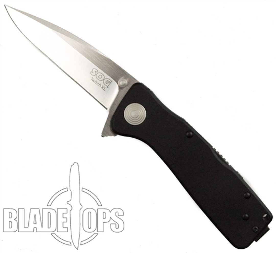 SOG Twitch XL Spring Assist Knife, Black Handle, Satin Finish Drop Point Blade, TWI22