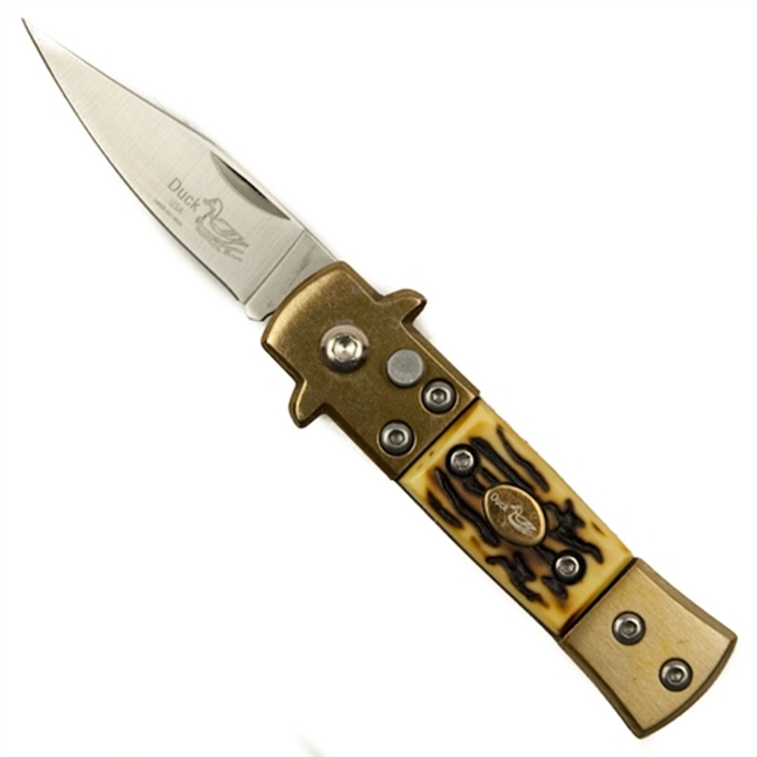 Duck Faux Stag Mini Stiletto Auto Knife, Satin Blade