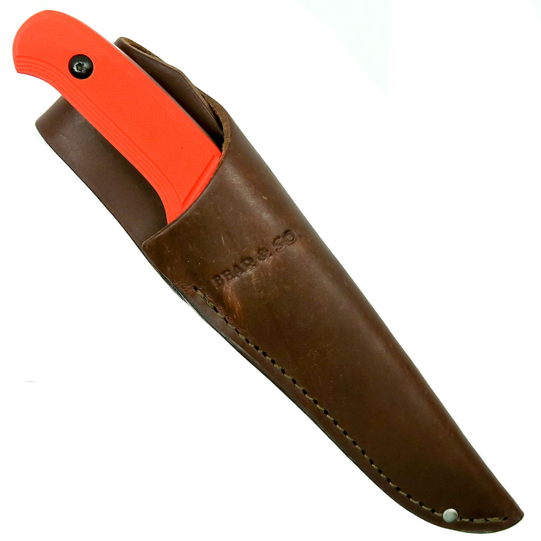 Bear & Son Blaze Orange Drop Point Pro Skinner Knife  Sheath View