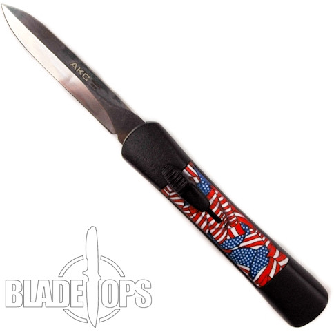 AKC Flag Concord Double Action OTF Knife, Mirror Dagger Blade