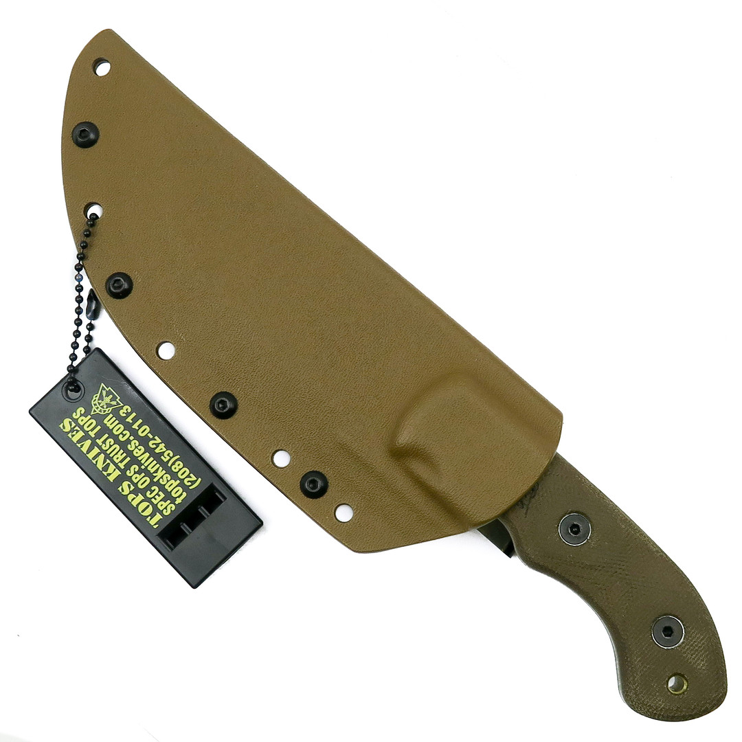 TOPS TBT02-TAN Coyote Tan Tom Brown Tracker #2 Micarta Fixed Blade Knife, 1095 Carbon Coyote Tan Blade, sheath front