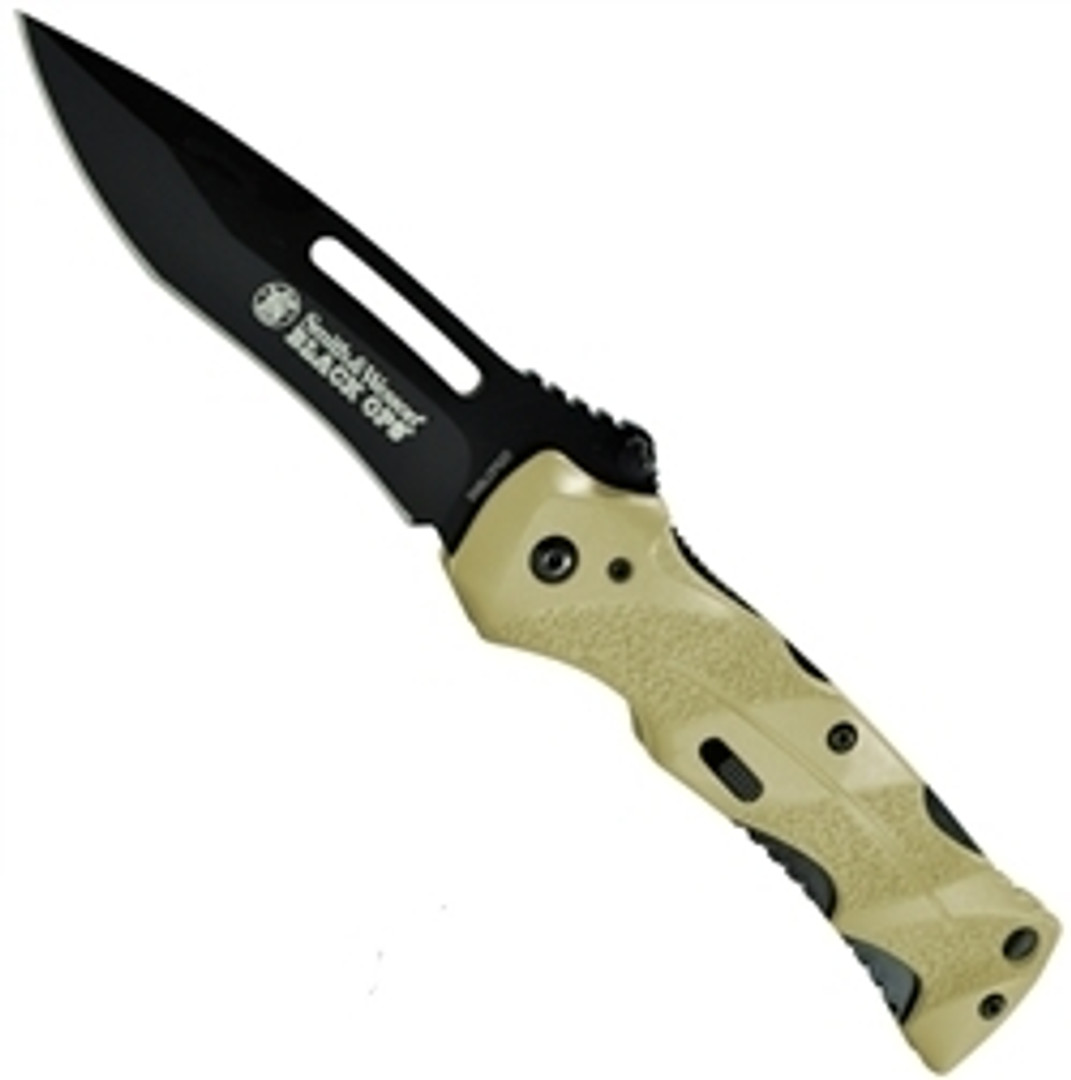 Smith & Wesson Black Ops SWBLOP2D Desert Tan Spring Assist Knife, Black Blade