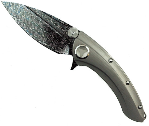 Microtech Custom Whale Shark Flipper Knife, Blued Reptilian Carbon Steel Damascus