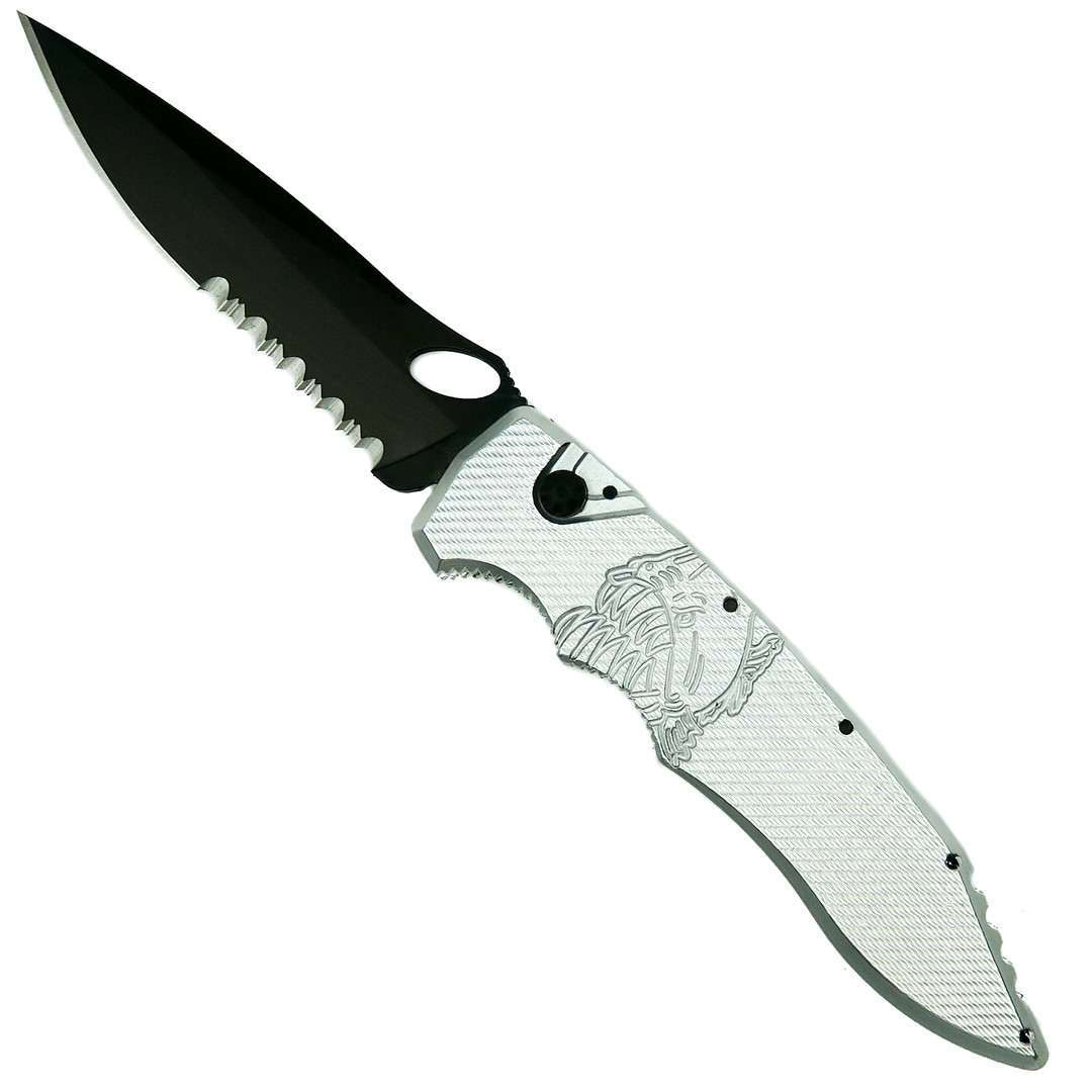 Piranha Silver Mini Predator Auto Knife, CPM-S30V Black Combo Blade