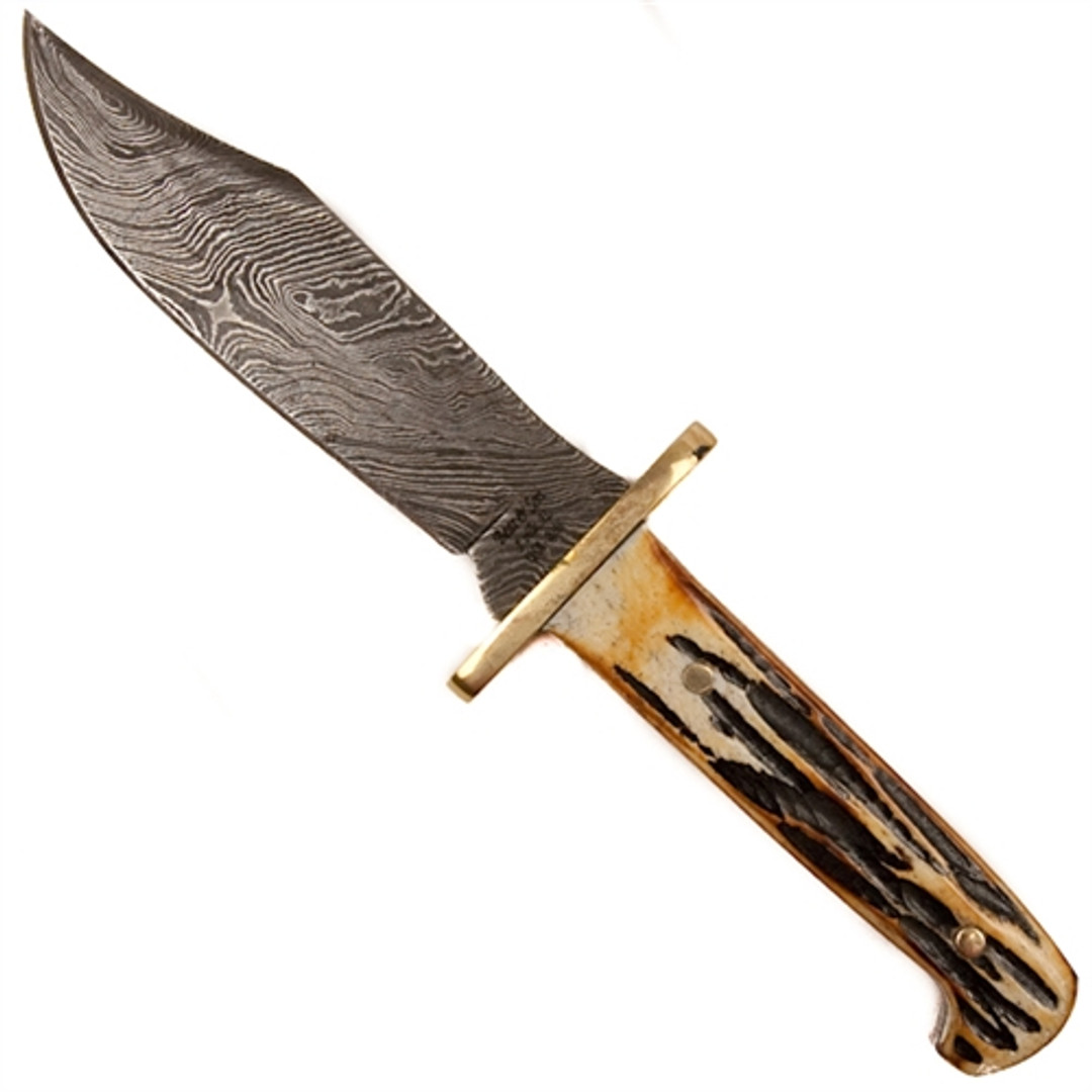 Bear & Son Baby Damascus Bowie, Genuine India Stag Bone Knife