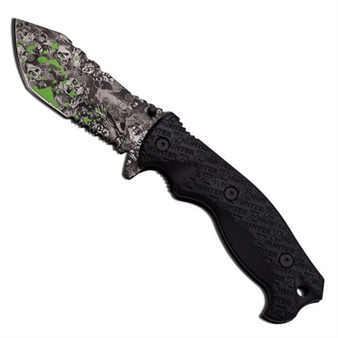 Z-Hunter Folding Assist Knife, Black Rubber Handle, Green Splash Plain Black Blade