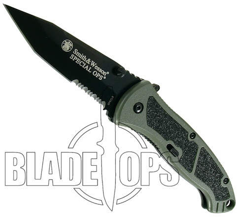 Smith & Wesson Special Ops Large Assisted Knife, Tanto Combo Blade, Green Handle