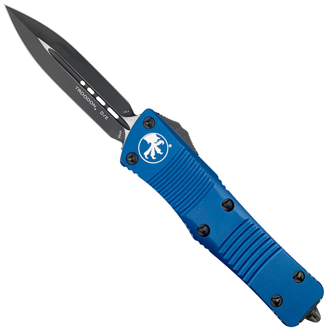 Microtech Blue Troodon Double Edge OTF Knife, Plain Edge Dagger Blade, MT138-1BL