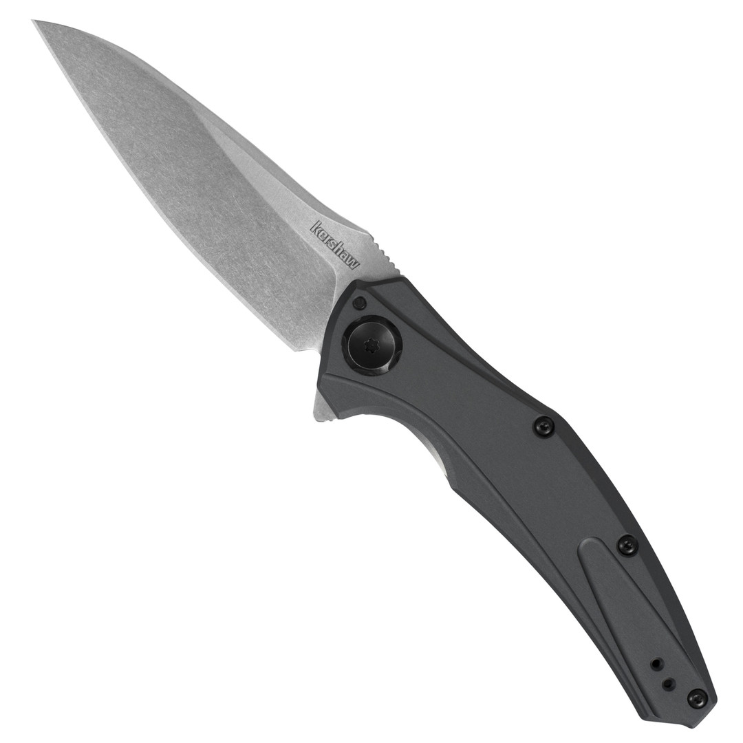 Kershaw 7777 Grey Bareknuckle Flipper Knife, Stonewash Blade FRONT VIEW