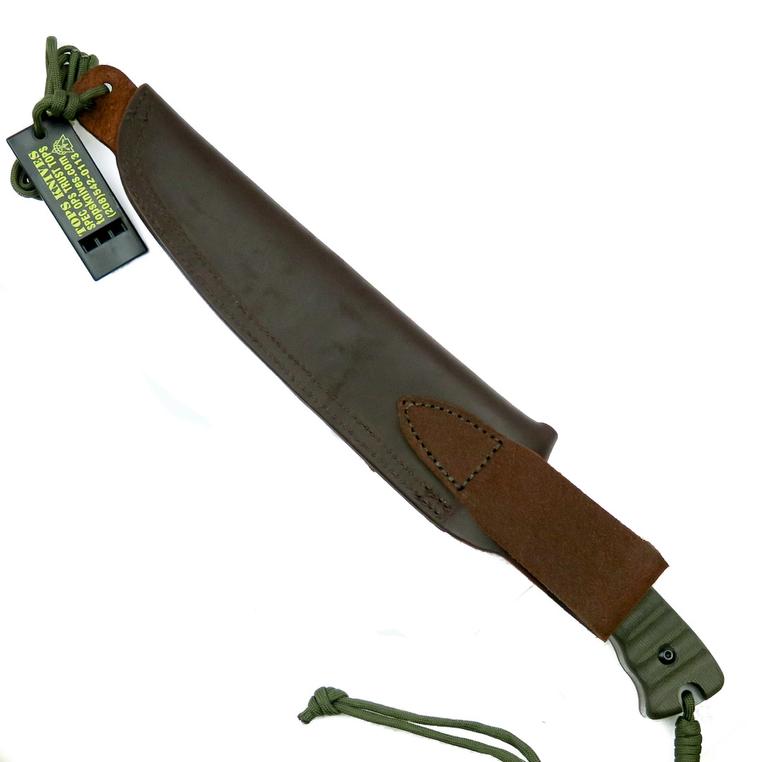 TOPS WPH-07 Green Wild Pig Hunter Micarta Fixed Blade Knife, 1095 Carbon Black River Wash Blade, sheath back