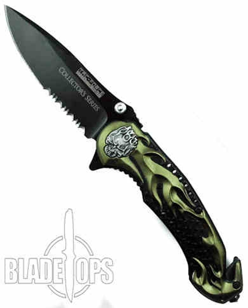 Green Skull Rider Spring Assist Knife, Tactical Combo Blade