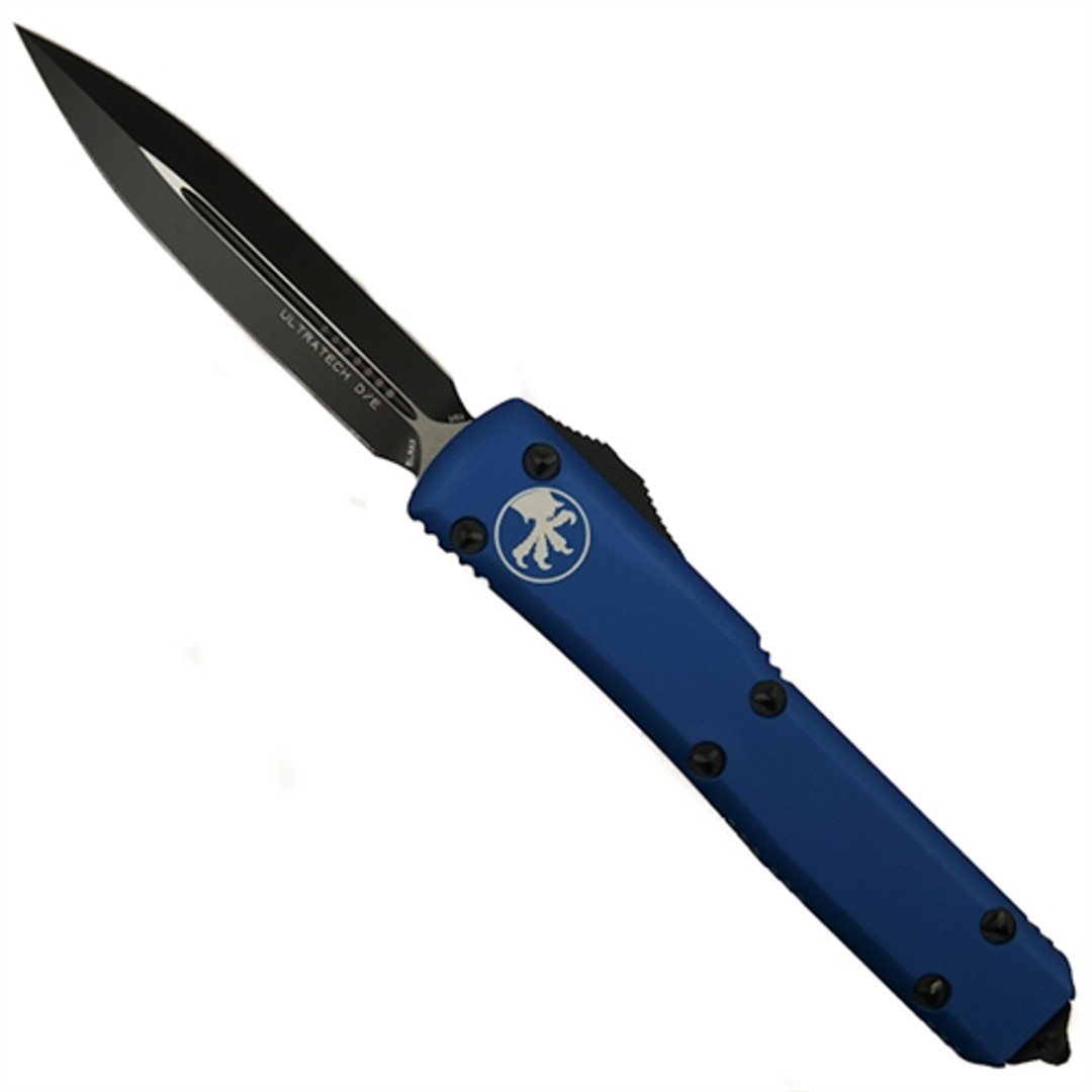 Microtech 122-1CCBL Blue Contoured Ultratech D/E OTF Auto Knife, Black Blade FRONT VIEW