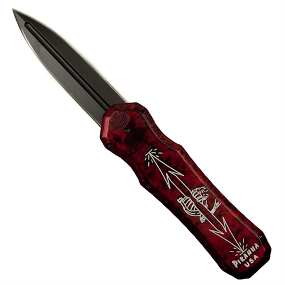 Piranha Red Excalibur Double Action OTF Knife, Black Tactical Blade