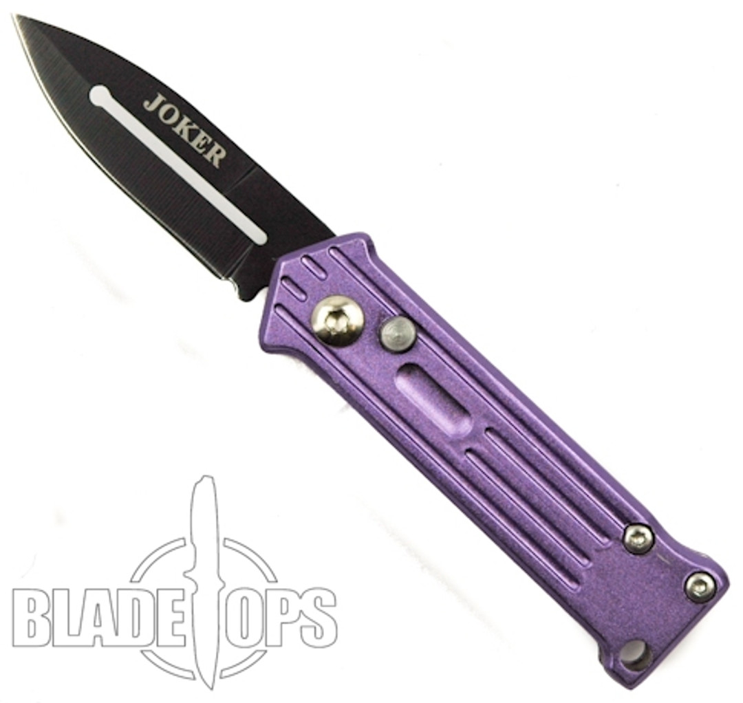 Mini Joker Automatic Knife, Purple Handle, Black Blade