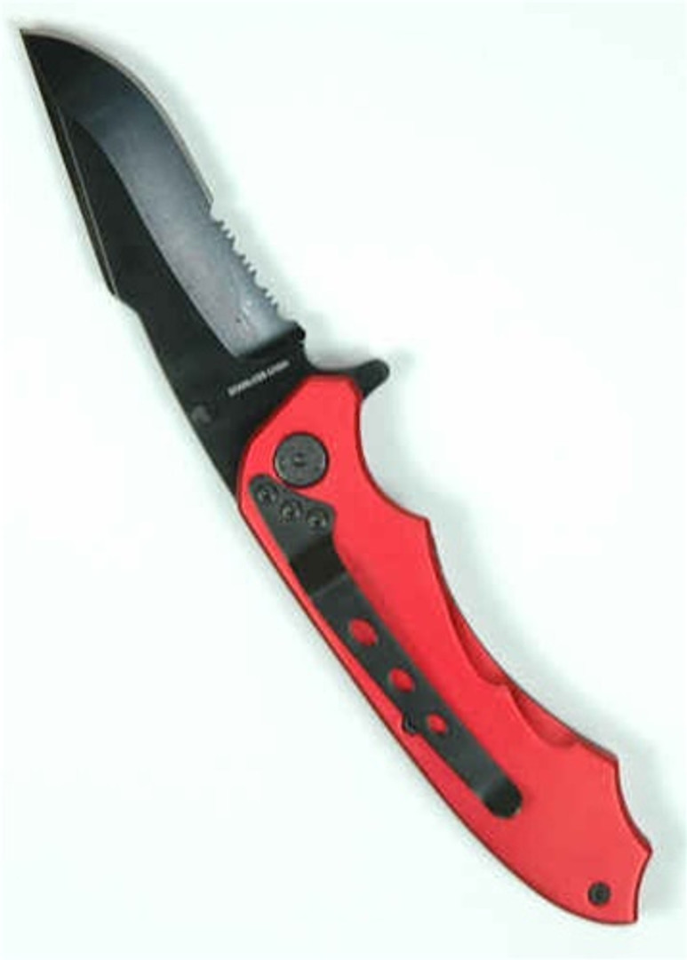 Spring Assisted Spider Knife, Black P/S Blade, Red Handle