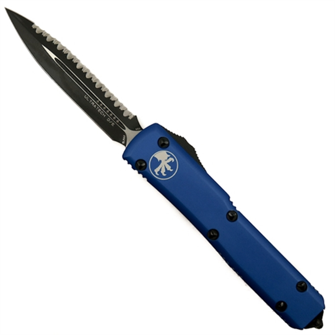 Microtech 122-3CCBL Blue Contoured Ultratech D/E OTF Auto Knife, Full Serrated Black Blade