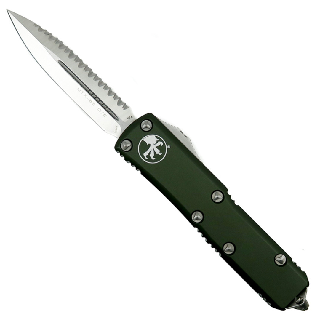 Microtech 232-6OD OD Green Contoured UTX-85 D/E OTF Auto Knife, Full Serrated Satin Blade