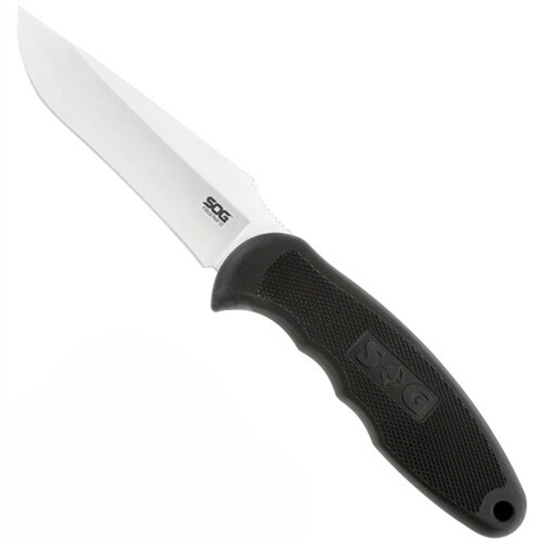 SOG Field Pup II Fixed Blade Knife, Satin Plain Blade, Leather Sheath, FP5