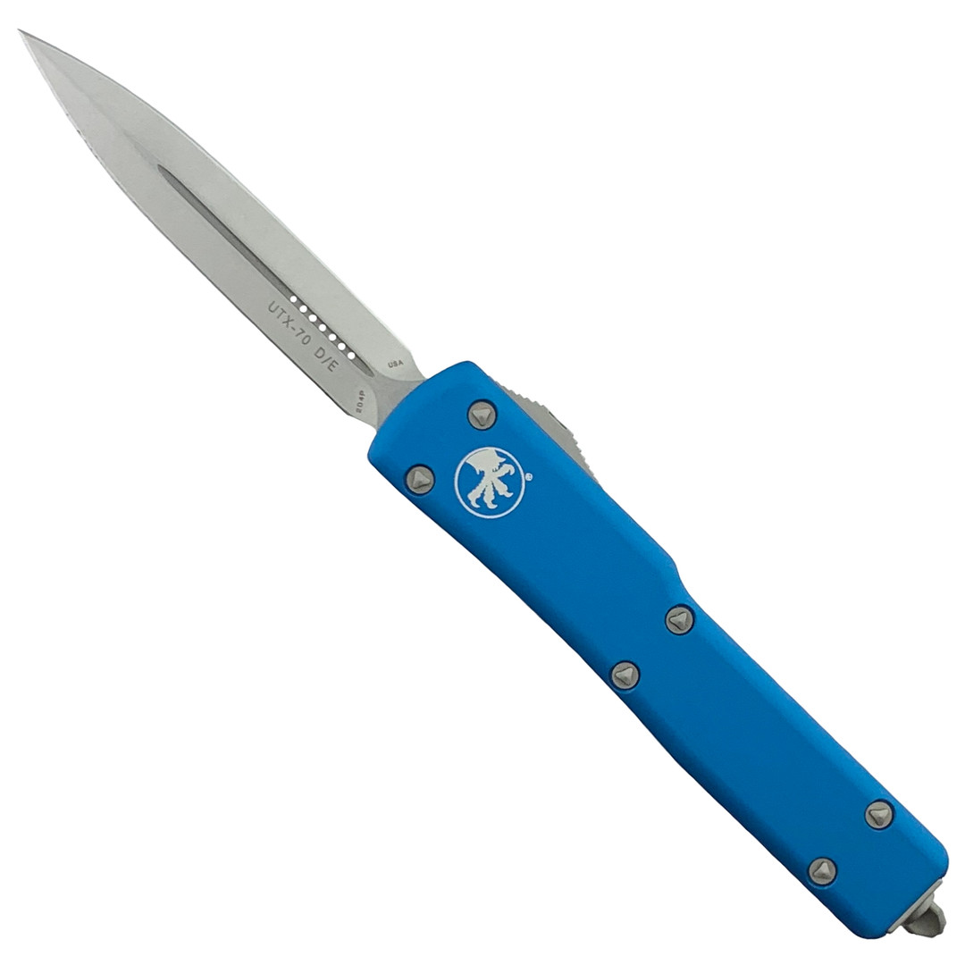 Microtech Blue UTX70 OTF Knife, Double Edge Stonewash Finish