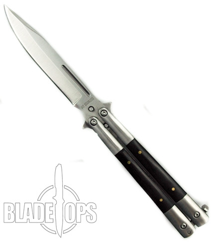 Transformer Butterfly Knife, Black Wood Handle, Satin Blade